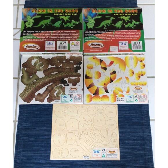 Lot of 5 Wood Puzzle 3D Kits Glow in Dark Eagle Dragon Snake Skeleton Dinosaur - Picture 2 of 3